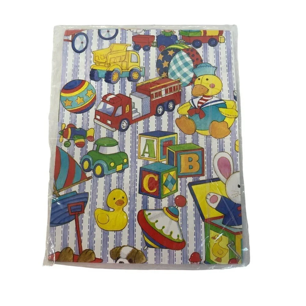 Gift Wrap Paper Baby Newborn Ducks Trucks Blocks Primary Colors‎ VTG USA Made